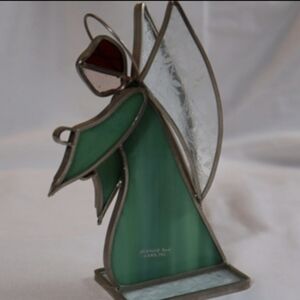 Vintage Stained & Etched & Frosted Green Glass Angel With Wings And Halo
